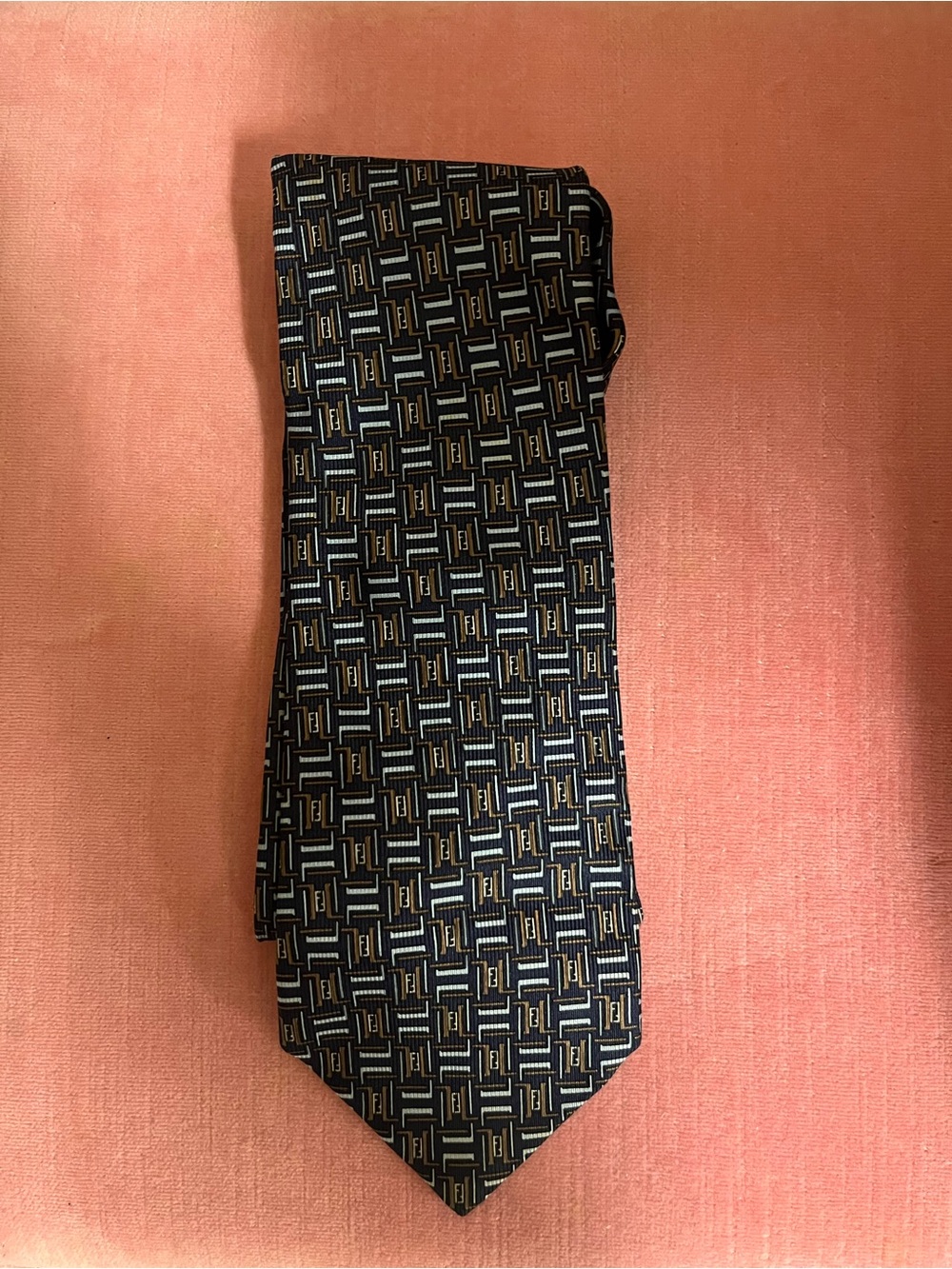 Fendi Black and Gold Geometric Pattern Silk Tie